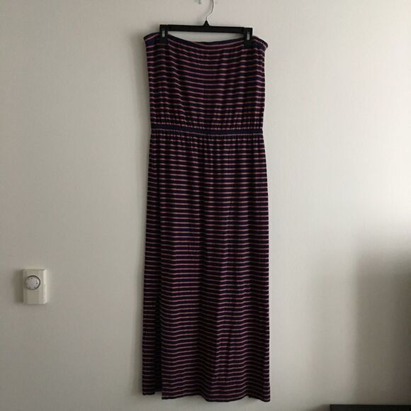 Madewell Striped Strapless Maxi Dress Slide Slits Navy & Pink Womens Siz… - Picture 2 of 7